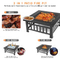 Outdoor Bonfire Pit with Grill Net, 32" Outdoor Square Metal Fire Pit with Cover, Wood Burning BBQ Grill Fire Pit Bowl, Backyard Patio Garden Fire Pit for Camping, Heating, Bonfire, Picnic, LL588