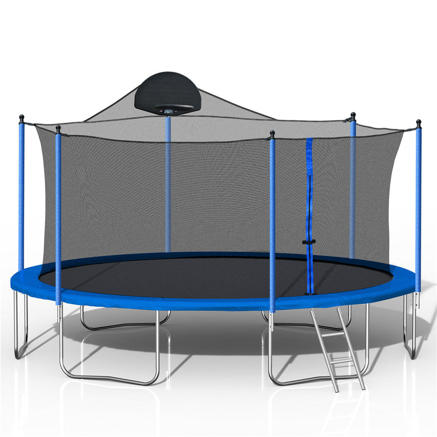 Trampoline for Kids, 14 Feet Outdoor Trampoline with Safety Enclosure Net, Basketball Hoop and Ladder, Blue Round Trampoline for Indoor or Outdoor Backyard, L3730