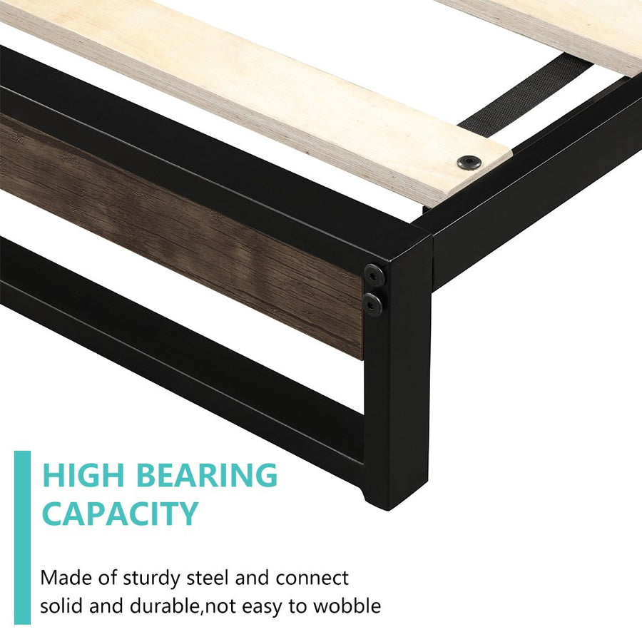 Queen Bed Frame with Headboard, SEGMART Metal Bed Frame with Wood Slat Support, Platform Bed Queen Size for Kids Adults Teens, Queen Bed Frame No Box Spring Needed, Mocha Wood, L