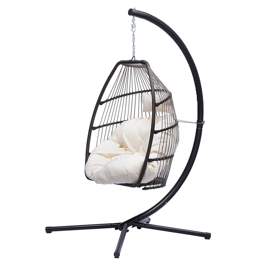Outdoor Hanging Egg Chair, Patio Wicker Swinging Hanging Chairs with Stand, UV Resistant Hammock Chair with Cushion, 250lbs, S10002