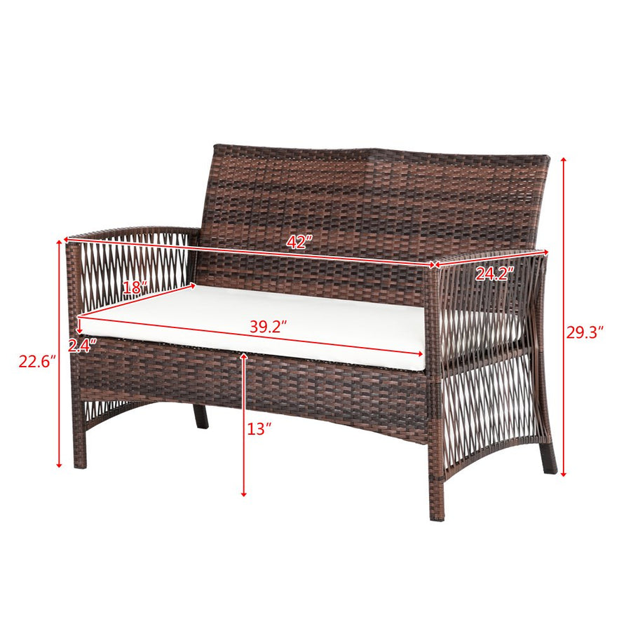 Wicker Patio Sets, 4 Piece Outdoor Conversation Set with Glass Dining Table, Loveseat & 2 Cushioned Chairs, Brown Patio Furniture Sets with Coffee Table for Yard, Porch, Garden, Poolside, L