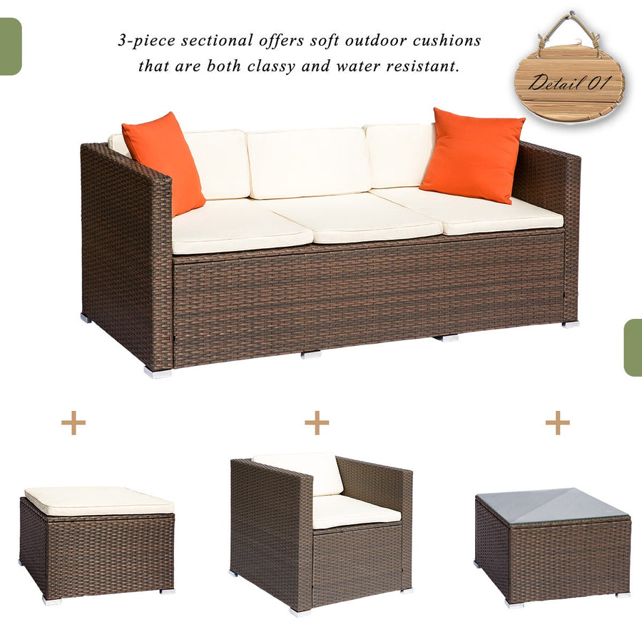 4 Piece Patio Furniture Set, All-Weather Outdoor Conversation Set with Loveseat and Glass Table, Wicker Sectional Sofa Set with Beige Cushions for Backyard, Porch, Garden, Poolside, LLL1311