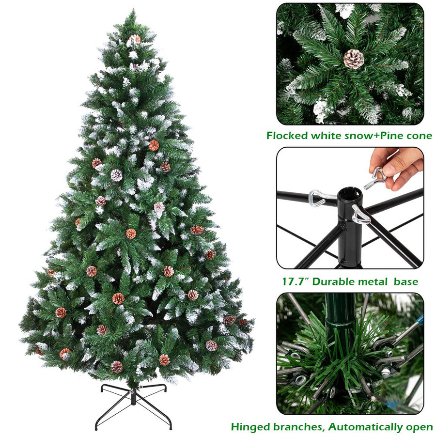Christmas Trees Clearance, 7FT Flocked Christmas Tree with 1350 Tips, Pine Cones, Upgraded Artificial Snow Christmas Tree with Metal Stand, Indoor Christmas Decorations for Home, Festival, Party, L
