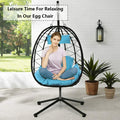 Outdoor Swinging Egg Chair, Patio Wicker Hanging Chairs with Stand, UV Resistant Hammock Chair with Comfortable Light Blue Cushion, Durable Indoor Swing Egg Chair for Garden, Backyard, L3937