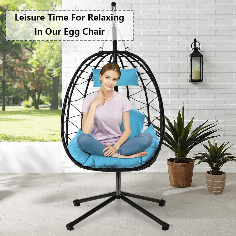 Clearance! Hanging Wicker Egg Chair, Outdoor Patio Hanging Chairs with Stand, UV Resistant Hammock Chair with Comfortable Light Blue Cushion, Durable Indoor Swing Egg Chair for Garden, Backyard, L3938
