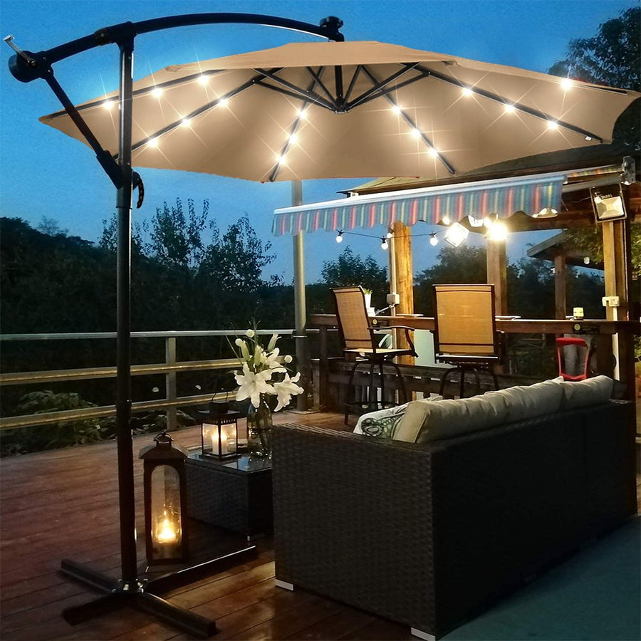 Patio Umbrella with Led Lights, 10FT Solar LED Offset Outdoor Umbrella, Hanging Cantilever Market Patio Umbrella with Crank, Cross Base, Backyard Offset Umbrella for Garden Pool Deck, L6088