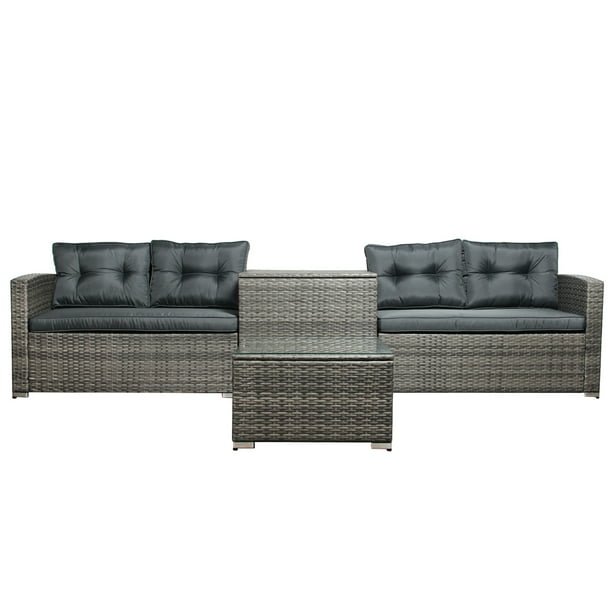 Clearance! Wicker Patio Sets, 4 Piece Patio Furniture Sets with Loveseat Sofa, Storage Box, Tempered Glass Coffee Table, All-Weather Patio Conversation Set with Cushions for Backyard, Garden, LLL1098