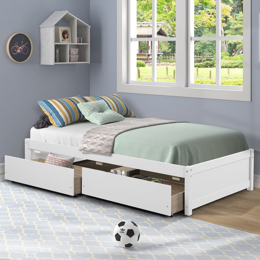 Wood Twin Platform Bed Frame with Drawers for Girls Boys, Kids Twin Size Bed Frame with Storage, Wood Slat Support, No Box Spring Needed, White, H690