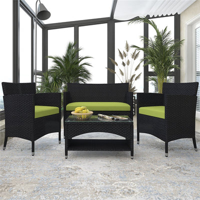 Patio Furniture Sets Clearance, 4 Piece Wicker Patio Set with Glass Dining Table, Loveseat & Cushioned Wicker Chairs, Modern Rattan Outdoor Conversation Sets for Backyard, Porch, Garden, L3121