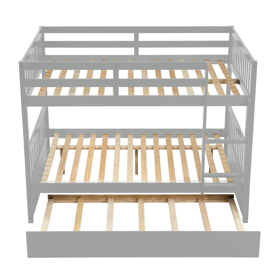 Solid Wood Bunk Beds for Kids, SEGMART Gray Full over Full Bunk Bed with Trundle, Solid Wood Full Bunk Bed with Ladder, Full Size Detachable Bunk Bed Frame for Kids, Boys, Girls, Teens, LLL1488