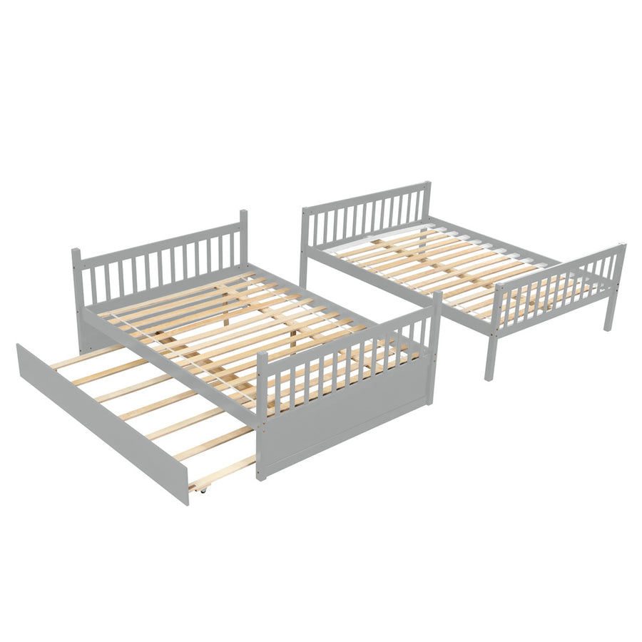 Solid Wood Bunk Beds for Kids, SEGMART Gray Full over Full Bunk Bed with Trundle, Solid Wood Full Bunk Bed with Ladder, Full Size Detachable Bunk Bed Frame for Kids, Boys, Girls, Teens, LLL1488