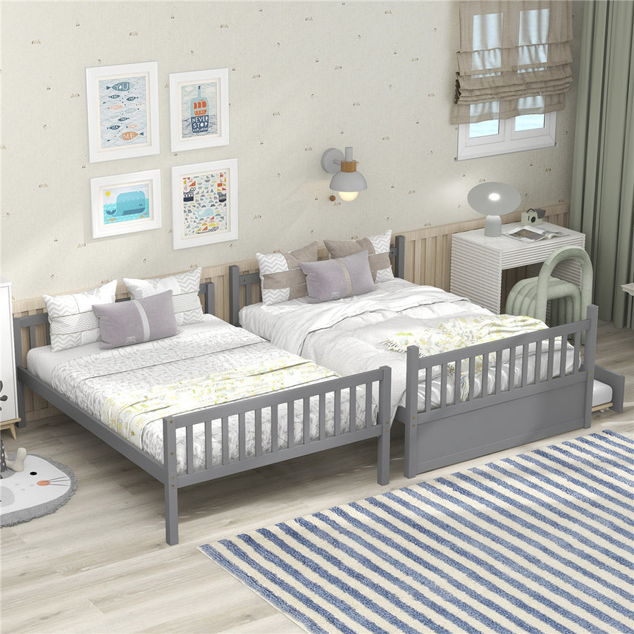 Wood Full over Full Bed, SEGMART Upgraded Solid Wood Full Bunk Bed with Trundle, Safety Rail and Ladder, Full Size Detachable Bunk Bed Frame for Kids Boys Girls Teens, Gray, LLL1492
