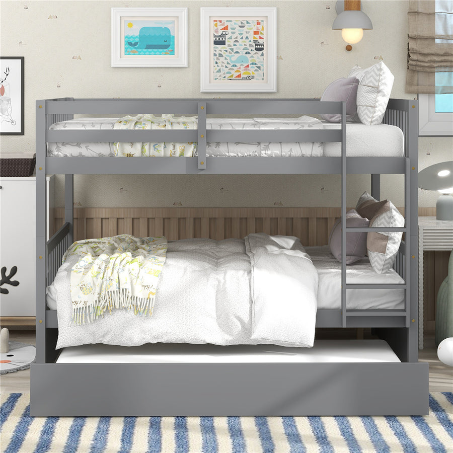 Solid Wood Bunk Beds for Kids, SEGMART Gray Full over Full Bunk Bed with Trundle, Solid Wood Full Bunk Bed with Ladder, Full Size Detachable Bunk Bed Frame for Kids, Boys, Girls, Teens, LLL1488