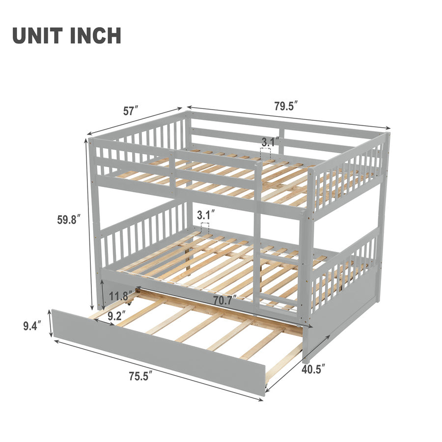 Solid Wood Bunk Beds for Kids, SEGMART Gray Full over Full Bunk Bed with Trundle, Solid Wood Full Bunk Bed with Ladder, Full Size Detachable Bunk Bed Frame for Kids, Boys, Girls, Teens, LLL1488