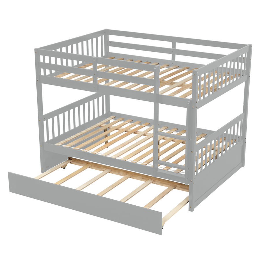 Wood Full over Full Bed, SEGMART Upgraded Solid Wood Full Bunk Bed with Trundle, Safety Rail and Ladder, Full Size Detachable Bunk Bed Frame for Kids Boys Girls Teens, Gray, LLL1492