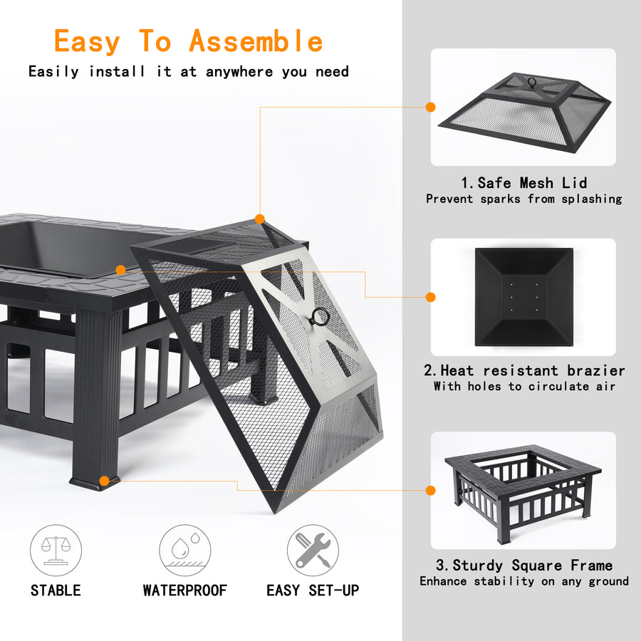 Fire Pit for Outside, Premium Hex-Shaped Steel Fire Pit w/Flame-Retardant Lid, Outdoor Metal Fire Pit with Poker, Multifunctional Heater/Grill/Ice Pit for Backyard Patio Garden BBQ Grill, S7039