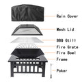 Outdoor 31.3" Fire Pit for Patio, Square Steel Fire Pit with Mesh Screen Lid, Outdoor Metal Fire Pit with Poker, Multifunctional Heater/Grill/Ice Pit for Backyard Patio Garden BBQ Grill, S7045