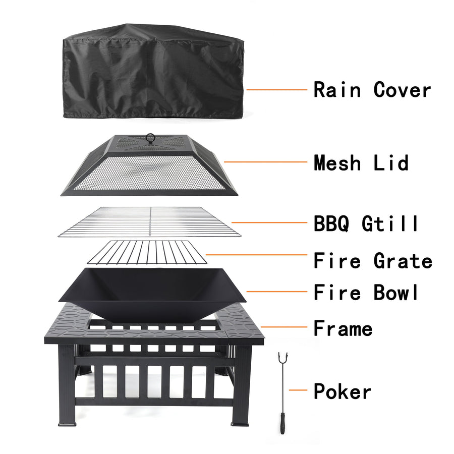 Outdoor 31.3" Fire Pit for Patio, Square Steel Fire Pit with Mesh Screen Lid, Outdoor Metal Fire Pit with Poker, Multifunctional Heater/Grill/Ice Pit for Backyard Patio Garden BBQ Grill, S7045