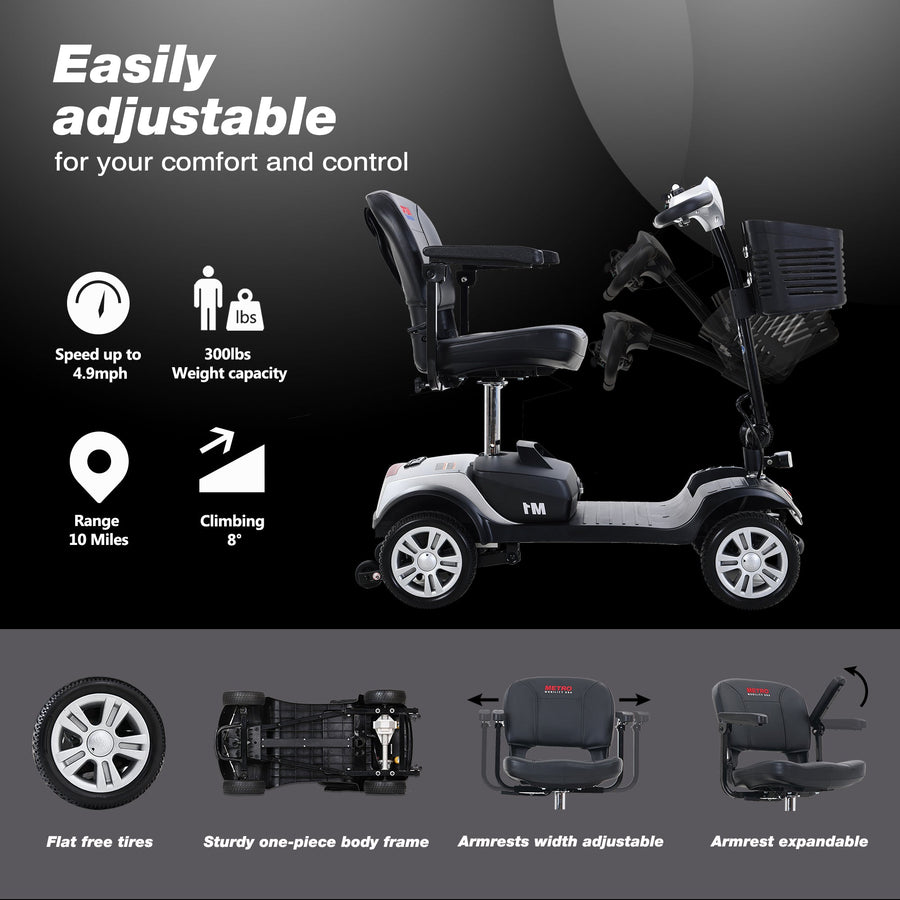 SEGMART Outdoor Mobility Scooters for Adults, Compact Motorized Scooter with Detachable Basket, Heavy Duty Mobility Scooter with 4 Wheel for Senior, 300lbs, Silver, SS1905