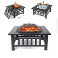 Outdoor 31.3" Fire Pit for Patio, Square Steel Fire Pit with Mesh Screen Lid, Outdoor Metal Fire Pit with Poker, Multifunctional Heater/Grill/Ice Pit for Backyard Patio Garden BBQ Grill, S7045