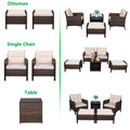 5 Piece Modular Sectional Wicker Set for Backyard, Resistant Elegance Conversation Furniture with Removable Cushions, 2 Ottomans, Tempered Glass Table, 330lbs, Beige Cushions, S6039