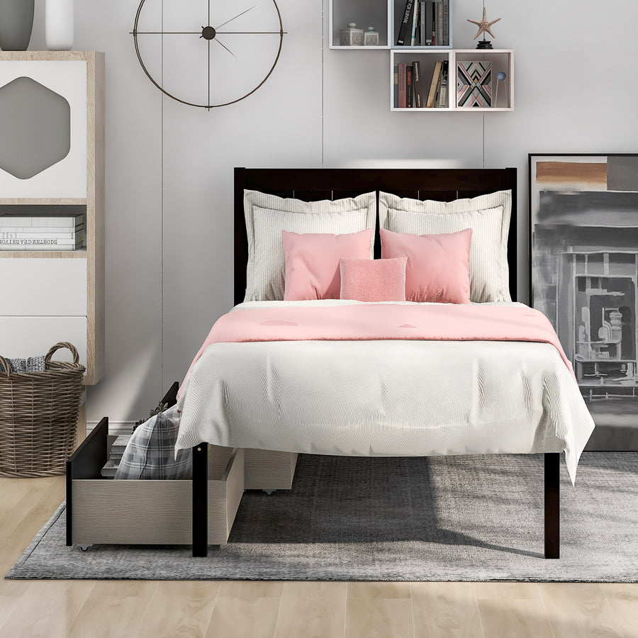 Twin Wood Bed Frame, Kids Platform Twin Bed with 2 Storage Drawers and Headboard, Platform Bed Frame Mattress Foundation with Wood Slat Support for Kids, Teens, White, SS954