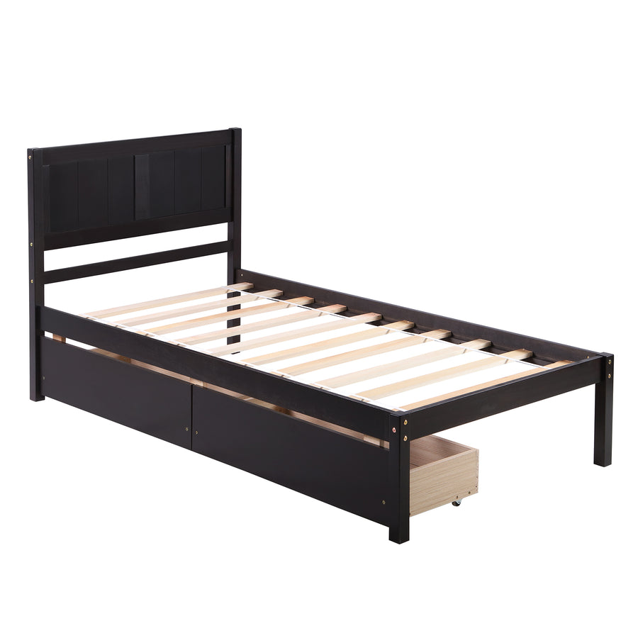 Twin Wood Bed Frame, Kids Platform Twin Bed with 2 Storage Drawers and Headboard, Platform Bed Frame Mattress Foundation with Wood Slat Support for Kids, Teens, White, SS954