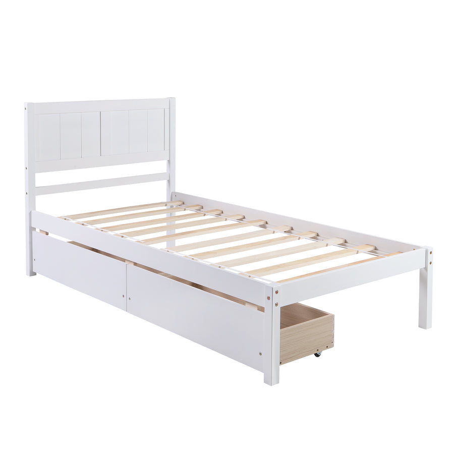 Twin Wood Bed Frame, Kids Platform Twin Bed with 2 Storage Drawers and Headboard, Platform Bed Frame Mattress Foundation with Wood Slat Support for Kids, Teens, White, SS954
