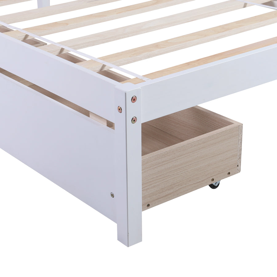 Twin Wood Bed Frame, Kids Platform Twin Bed with 2 Storage Drawers and Headboard, Platform Bed Frame Mattress Foundation with Wood Slat Support for Kids, Teens, White, SS954