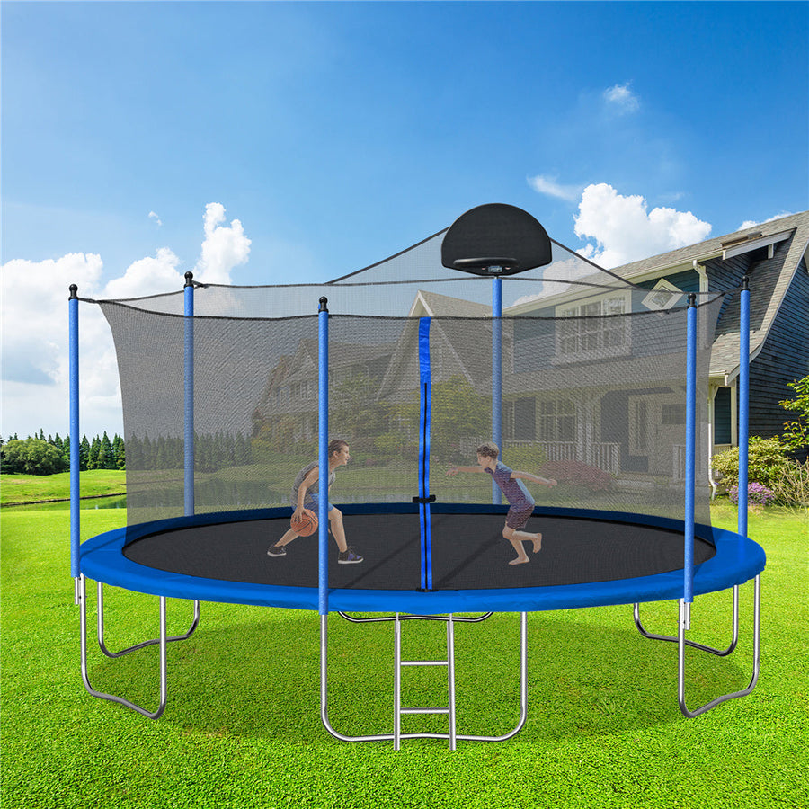 Trampoline for Kids, 14 Feet Outdoor Trampoline with Safety Enclosure Net, Basketball Hoop and Ladder, Blue Round Trampoline for Indoor or Outdoor Backyard, L3730