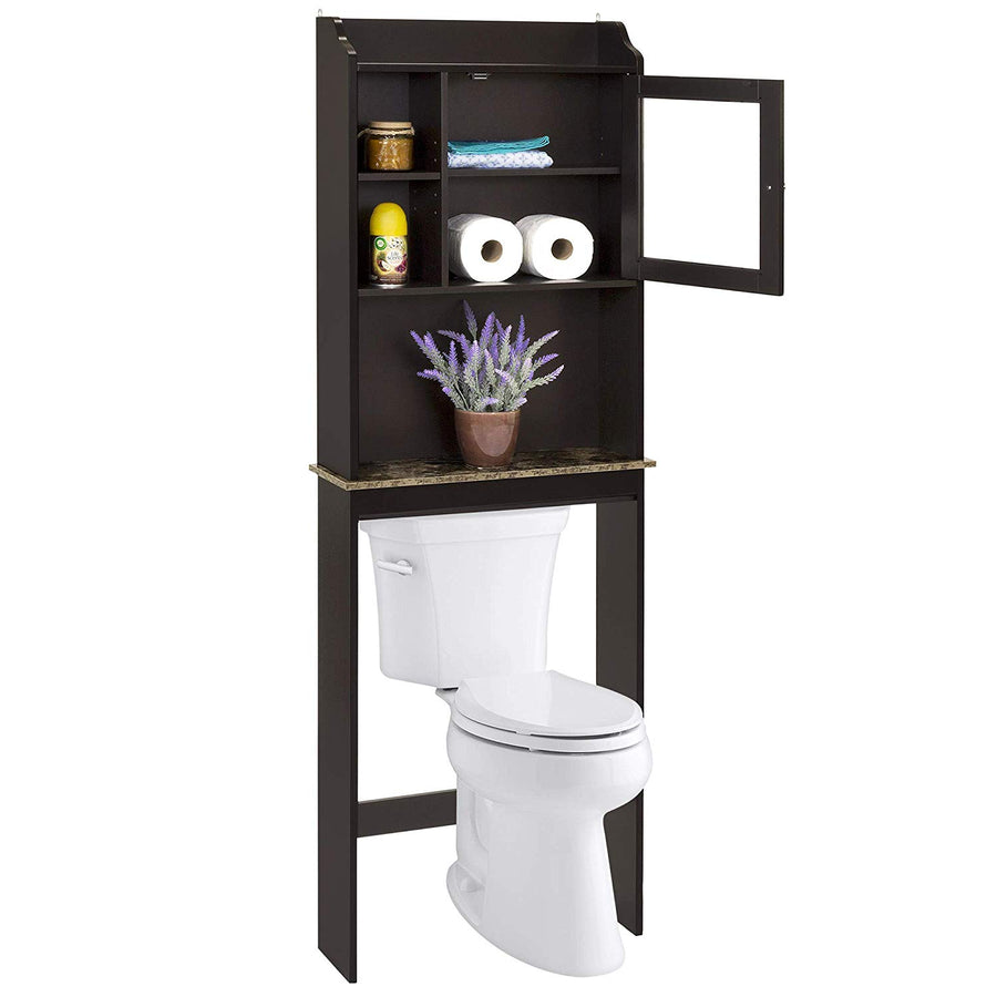 Bathroom Above Toilet Cabinet, Espresso MDF Storage Cabinet, Bathroom Storage Space Saver with Adjustable Shelf & Glass Door Cabinet, Over The Toilet Storage for Bathroom, B29