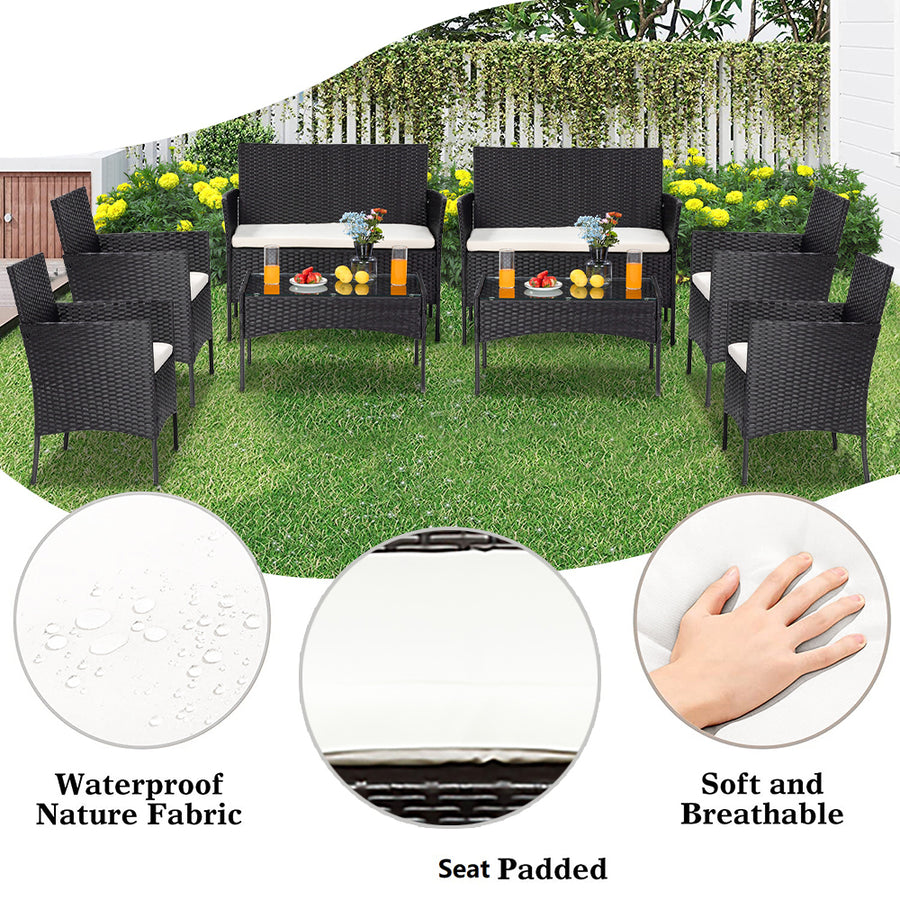 Clearance!Outdoor Patio Furniture Set, 8 Piece Patio Conversation Set with 2 Glass Dining Tables, 2 Loveseats & 4 Wicker Chairs, Modern Outdoor Rattan Wicker Patio Set for Yard, Porch, Pool, L3135