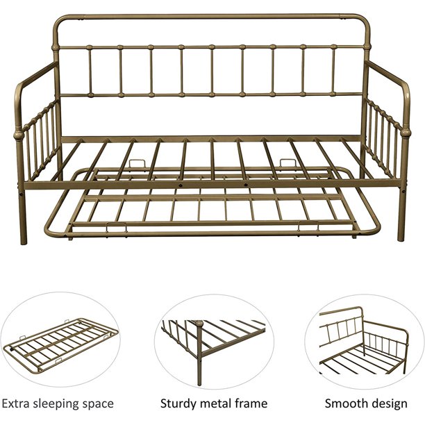 Twin Metal Trundle Bed Frame, SEGMART Twin Trundle Beds with Trundle Included, Daybed & Trundle with Metal Slat Support, Twin Daybed for Adults Kids Teens, Bed Frame No Box Spring Needed, Brass, H533