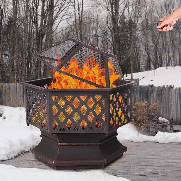 SEGMART Wood Burning Fire Pit, Metal Fire Pit with Flame-Retardant Lid, Wood Burning Fire Pit w/Poker, Wood Burning Fireplace Ice Pit for Backyard Patio Garden BBQ Grill, Bronze, S7041