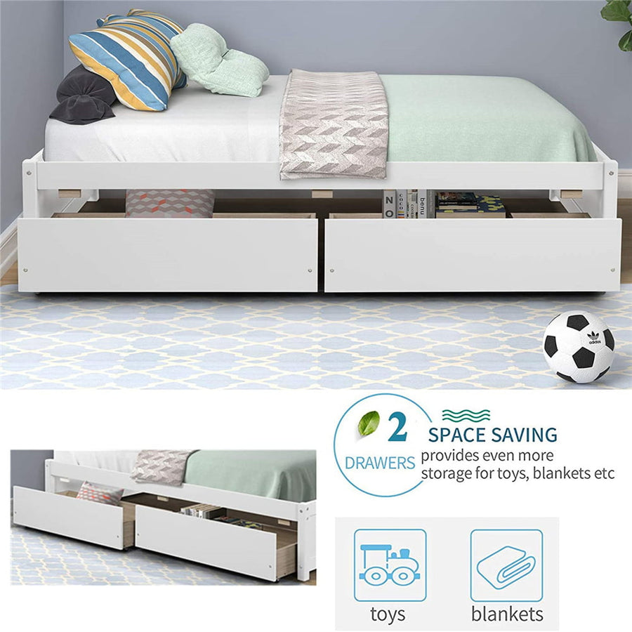 Wood Twin Platform Bed Frame with Drawers for Girls Boys, Kids Twin Size Bed Frame with Storage, Wood Slat Support, No Box Spring Needed, White, H690