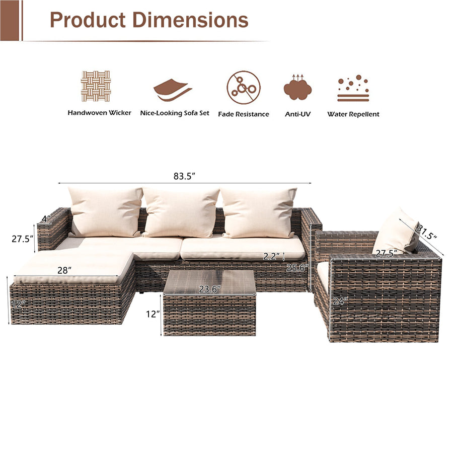 4 Piece Outdoor Patio Furniture Set with Wicker Chair, 3-Seat Sofa, Ottoman, Glass Table, All-Weather PE Rattan Patio Conversation Furniture Set for Backyard, Porch, Garden, Poolside, L4495