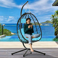 Outdoor Swinging Egg Chair, Patio Wicker Hanging Chairs with Stand, UV Resistant Hammock Chair with Comfortable Light Blue Cushion, Durable Indoor Swing Egg Chair for Garden, Backyard, L3937