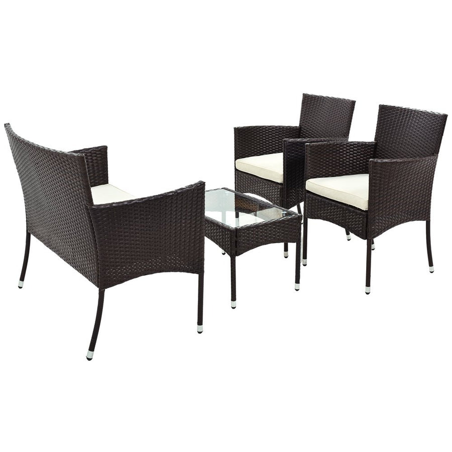 Wicker Patio Sets, 4 Piece Outdoor Conversation Set with Glass Dining Table, Loveseat & 2 Cushioned Chairs, Modern Patio Furniture Sets with Coffee Table for Yard, Porch, Garden, Poolside, L