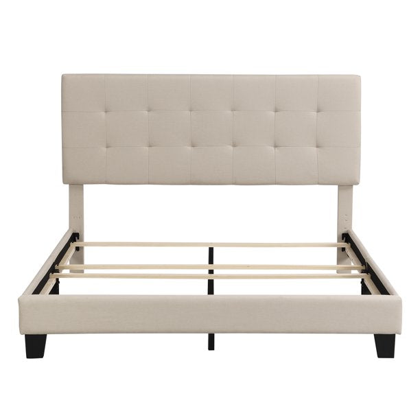 SEGMART Upholstered Platform Queen Bed Frame, Button Tufted Bed Frame with Headboard, Linen Fabric Bed Frame with Wood Slat Support, Box Spring Needed, 500lbs, Beige, SS713