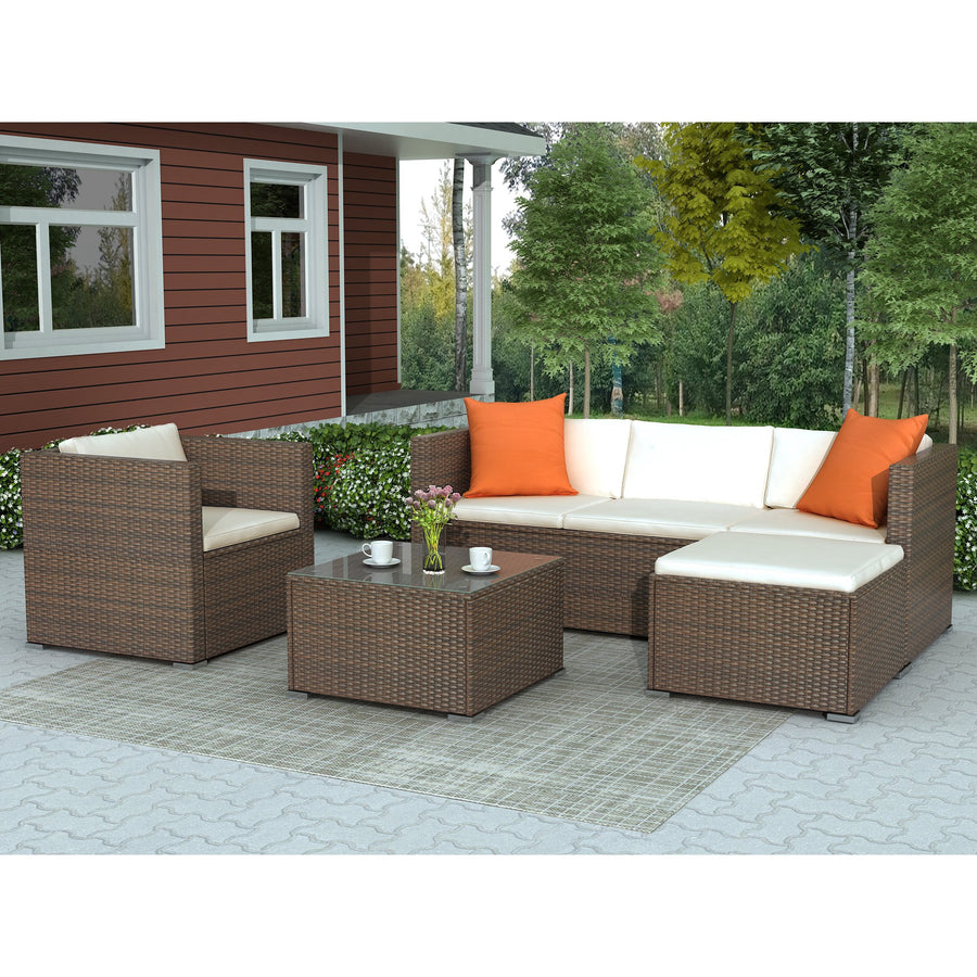 4 Piece Patio Furniture Set, All-Weather Outdoor Conversation Set with Loveseat and Glass Table, Wicker Sectional Sofa Set with Beige Cushions for Backyard, Porch, Garden, Poolside, LLL1311