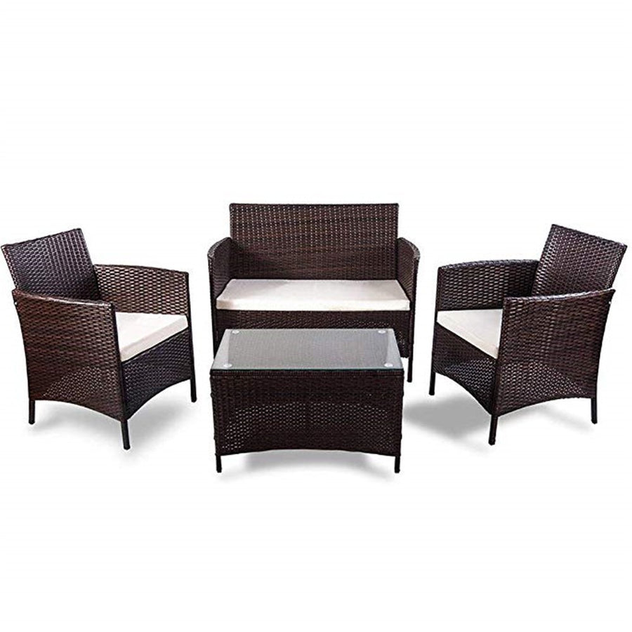 Patio Furniture Sets Clearance, 4 Piece Wicker Patio Set with Glass Dining Table, Loveseat & Cushioned Wicker Chairs, Modern Rattan Outdoor Conversation Sets for Backyard, Porch, Garden, LLL1722