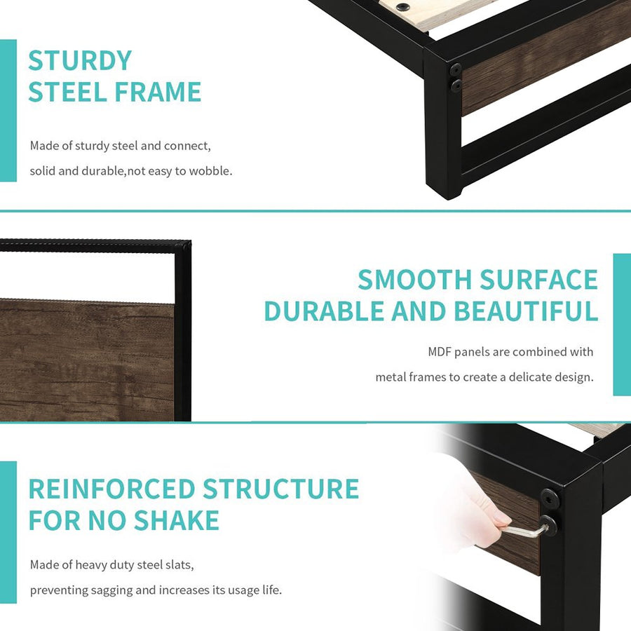 Queen Bed Frame with Headboard, SEGMART Metal Bed Frame with Wood Slat Support, Platform Bed Queen Size for Kids Adults Teens, Queen Bed Frame No Box Spring Needed, Mocha Wood, L