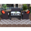 Wicker Patio Sets on Clearance, 4 Piece Outdoor Conversation Set With Glass Dining Table, Loveseat & Cushioned Wicker Chairs, Modern, for Yard, Porch, Garden, Pool, L4619