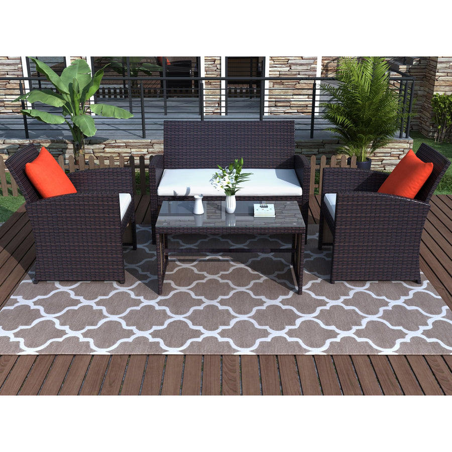 Wicker Patio Sets on Clearance, 4 Piece Outdoor Conversation Set With Glass Dining Table, Loveseat & Cushioned Wicker Chairs, Modern, for Yard, Porch, Garden, Pool, L4619