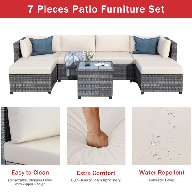 SEGMART 7 Piece Outdoor Bistro Wicker Sectional Conversation Sets, 2 Ottomans for Living Room, Porch, Backyard, 330lbs, S8354