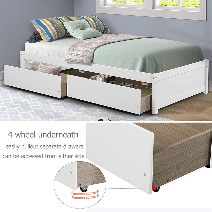 Wood Twin Platform Bed Frame with Drawers for Girls Boys, Kids Twin Size Bed Frame with Storage, Wood Slat Support, No Box Spring Needed, White, H690