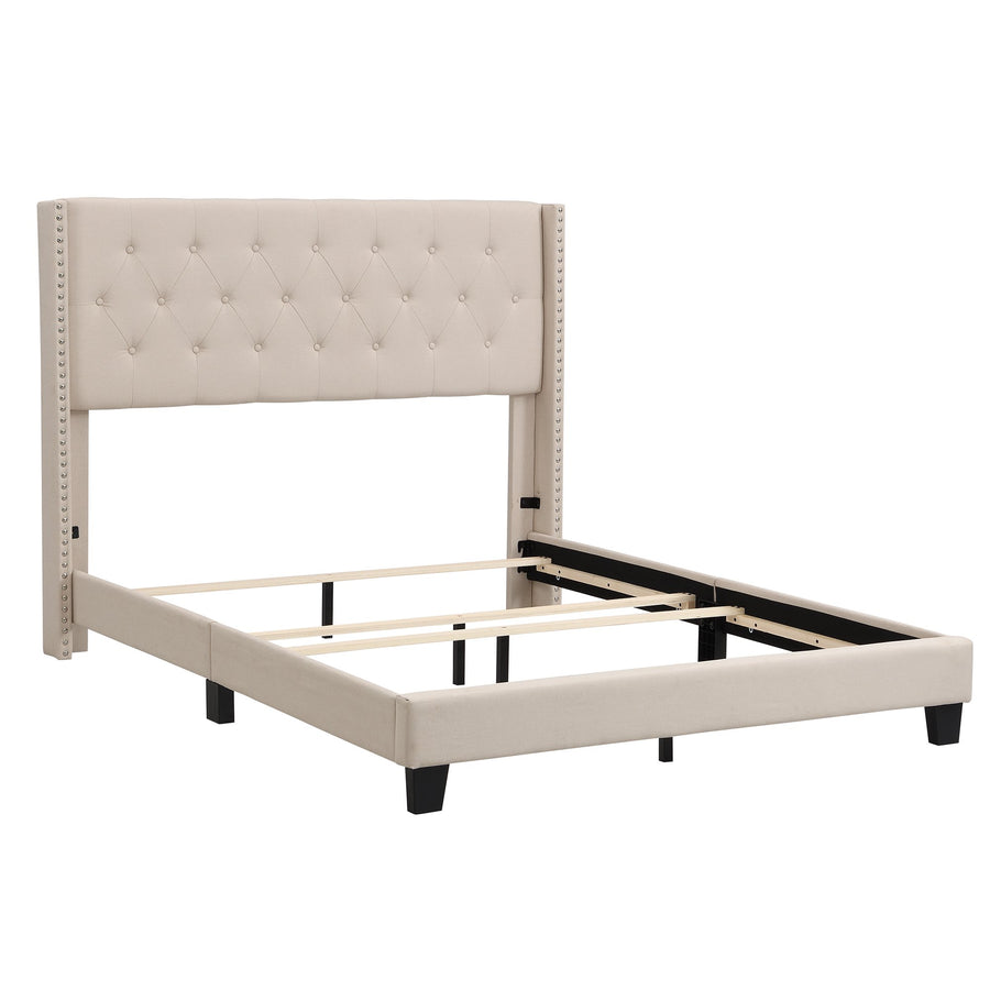 Upholstered Platform Queen Bed Frame, Beige Button Tufted Platform Queen Bed Frame with Headboard, Linen Fabric Bed Frame with Wood Slat Support, Box Spring Needed, Easy Assembly, 500lbs, Beige, SS31