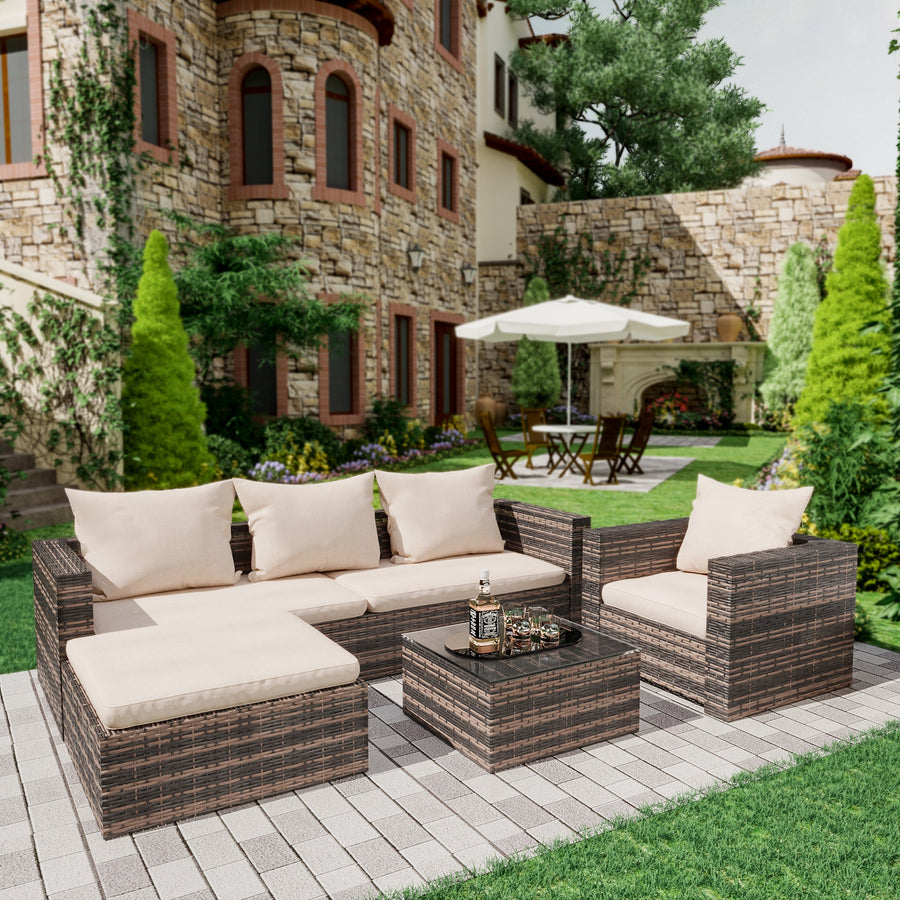 4 Piece Outdoor Patio Furniture Set with Wicker Chair, 3-Seat Sofa, Ottoman, Glass Table, All-Weather PE Rattan Patio Conversation Furniture Set for Backyard, Porch, Garden, Poolside, L4495