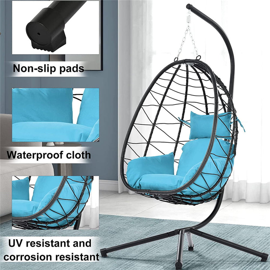 Clearance! Hanging Wicker Egg Chair, Outdoor Patio Hanging Chairs with Stand, UV Resistant Hammock Chair with Comfortable Light Blue Cushion, Durable Indoor Swing Egg Chair for Garden, Backyard, L3938