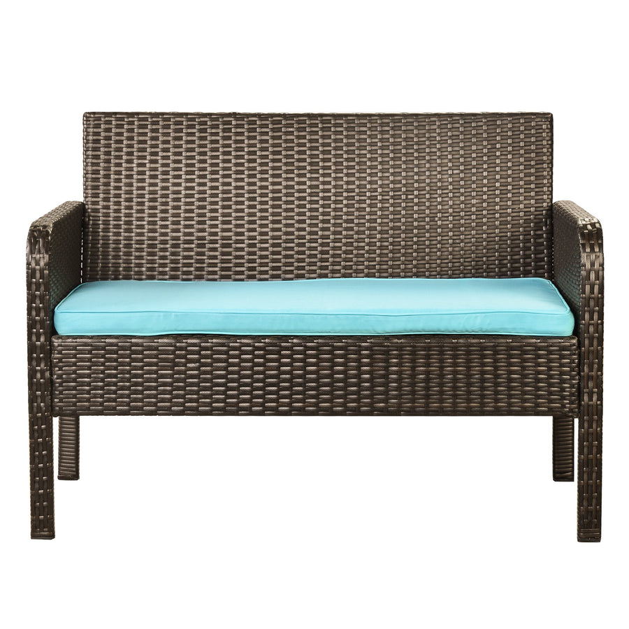 4 Piece Wicker Patio Set, Outdoor Patio Furniture Sets with Glass Dining Table, Loveseat & 2 Cushioned Chairs, Modern Conversation Sets with Coffee Table for Backyard, Porch, Garden, Poolside, L4636